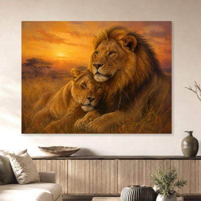 Löwenpaar im Sonnenuntergang, Wandbild oder Fine Art Print