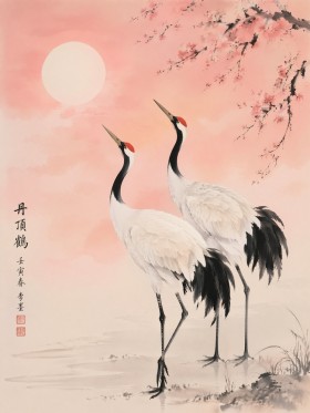 Elegante Kranichszene als Kunstdruck oder Poster in zarten Rosétönen