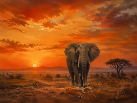 Elefant im Sonnenuntergang als Leinwandbild oder Kunstdruck