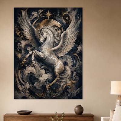 Majestätisches Pegasus Kunstwerk und Luxus Wandbild in Gold und Nachtblau