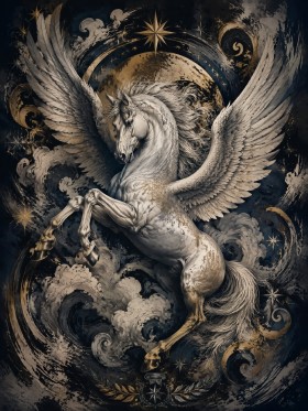 Majestätisches Pegasus Kunstwerk und Luxus Wandbild in Gold und Nachtblau