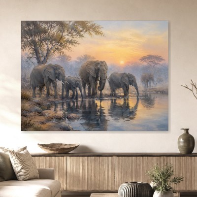 Elefanten am Wasser im Morgenlicht, Leinwand oder Fine Art Print