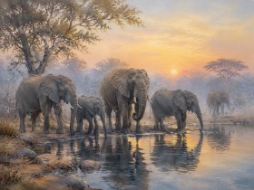 Elefanten am Wasser im Morgenlicht, Leinwand oder Fine Art Print