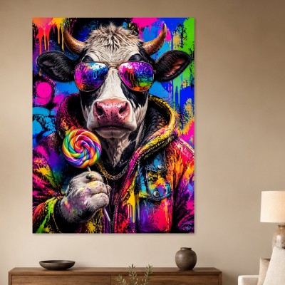 Bunte Kuh mit Sonnenbrille, Kunstdruck und Wandbild im Pop-Art Stil
