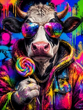 Bunte Kuh mit Sonnenbrille, Kunstdruck und Wandbild im Pop-Art Stil