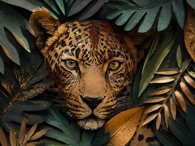 Leopardenmotiv als Kunstwerk oder Wandbild mit edler Blattkomposition