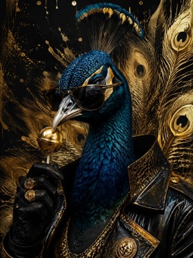 Luxuriöser Pfau mit Sonnenbrille als Kunstwerk oder Acrylbild