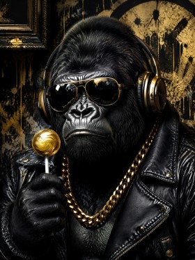 Gorilla mit Sonnenbrille, Lederjacke und Goldkette als Poster oder Leinwand