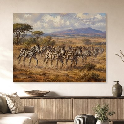 Zebraherde in der Savanne, Leinwand und Kunstdruck
