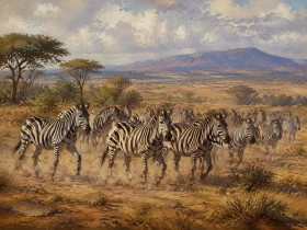 Zebraherde in der Savanne, Leinwand und Kunstdruck