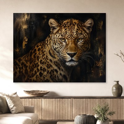 Leopardenporträt als Kunstwerk und Wandbild mit dunkler Eleganz