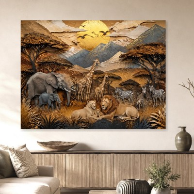 Safari Tierwelt als Wandbild oder Leinwandbild in warmen Goldtönen