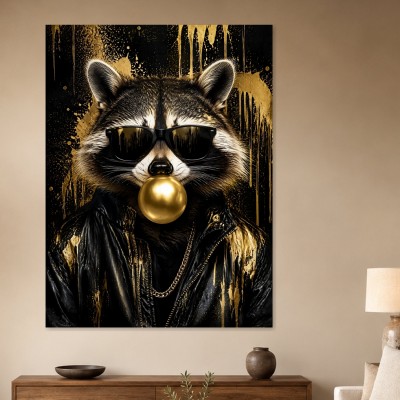 Stylischer Waschbär mit Sonnenbrille, Leinwand oder Poster im Gold-Look