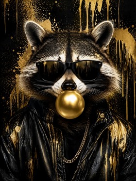 Stylischer Waschbär mit Sonnenbrille, Leinwand oder Poster im Gold-Look