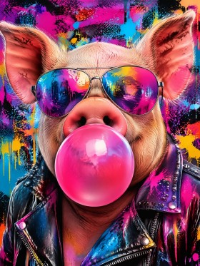Buntes Schwein mit Sonnenbrille, Pop Art Wandbild oder Poster
