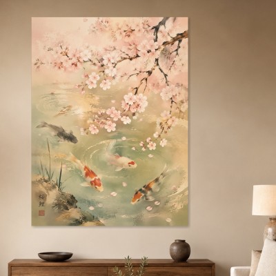 Kirschblüten und Koi, Kunstwerk oder Fine Art Print in sanfter Harmonie