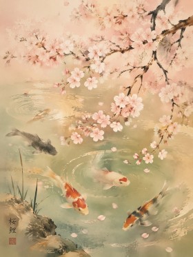 Kirschblüten und Koi, Kunstwerk oder Fine Art Print in sanfter Harmonie