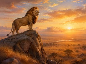 Majestätischer Löwe bei Sonnenuntergang als Wandbild oder Fine Art Print