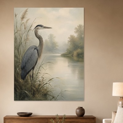 Graureiher am stillen Ufer, Leinwand oder Fine Art Print