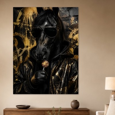 Black Horse mit Sonnenbrille als Leinwand oder Poster