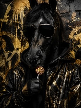 Black Horse mit Sonnenbrille als Leinwand oder Poster