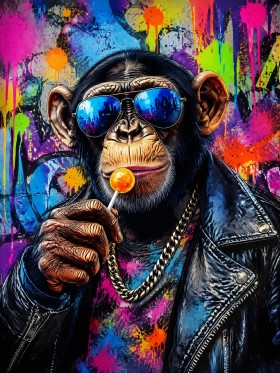 Bunter Schimpanse mit Sonnenbrille, Acrylbild oder Poster Bunter Schimpanse mit Sonnenbrille, Acrylbild oder Poster