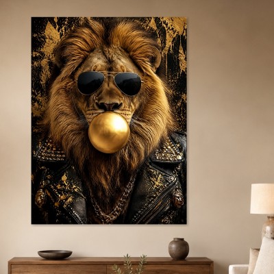 Löwe mit Sonnenbrille, Wandbild oder Poster in Gold und Schwarz