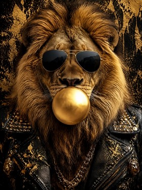 Löwe mit Sonnenbrille, Wandbild oder Poster in Gold und Schwarz Löwe mit Sonnenbrille, Wandbild oder Poster in Gold und Schwarz