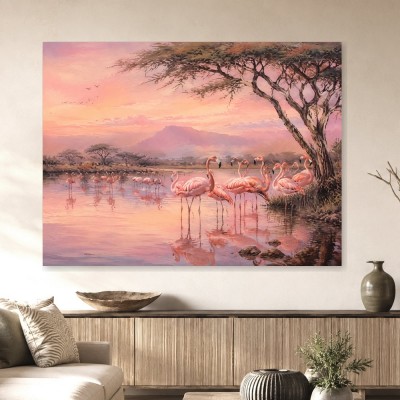 Flamingos im Abendlicht, Kunstdruck oder Leinwandbild