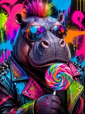 Neonfarbenes Hippo als Pop Art Kunstwerk oder Poster