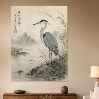 Eleganter Kranich am Ufer, Kunstwerk oder Fine Art Print