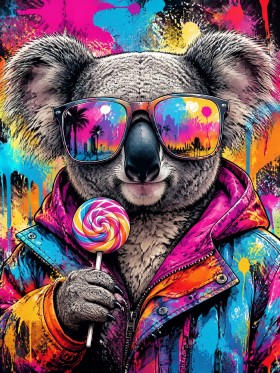 Bunte Koala mit Sonnenbrille, Poster und Acrylbild im Pop Art Stil