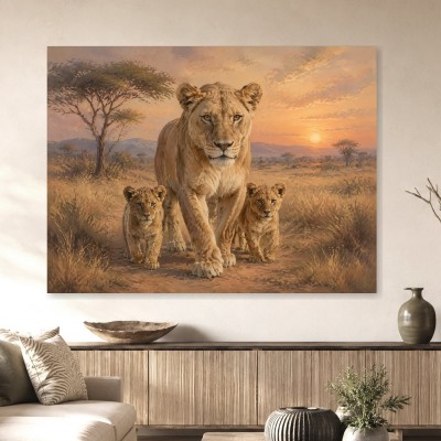 Savanne bei Sonnenuntergang, Wandbild oder Leinwand mit Löwenfamilie