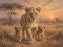 Savanne bei Sonnenuntergang, Wandbild oder Leinwand mit Löwenfamilie
