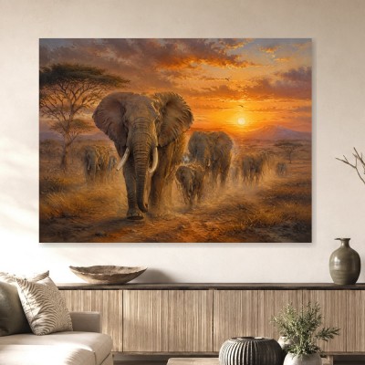 Majestätische Elefantenherde bei Sonnenuntergang, Leinwand oder Kunstdruck