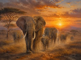 Majestätische Elefantenherde bei Sonnenuntergang, Leinwand oder Kunstdruck
