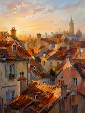Altstadt im Abendlicht, Leinwandbild oder Kunstdruck