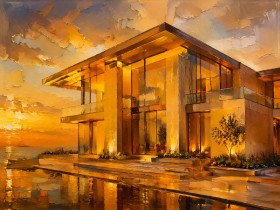 Modernes Wandbild oder Acrylbild mit luxuriöser Architektur bei Sonnenuntergang