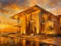 Modernes Wandbild oder Acrylbild mit luxuriöser Architektur bei Sonnenuntergang