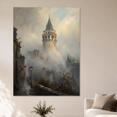 Vernebelte Altstadt mit Turm, Leinwand oder Kunstdruck