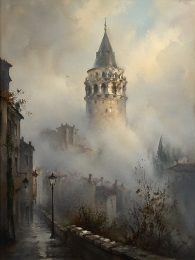 Vernebelte Altstadt mit Turm, Leinwand oder Kunstdruck