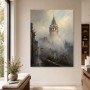 Vernebelte Altstadt mit Turm, Leinwand oder Kunstdruck