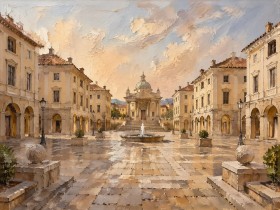Historische Piazza mit Brunnen, Wandbild oder Kunstdruck