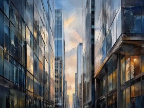 Moderne Stadtansicht als Leinwand oder Poster mit architektonischer Tiefe