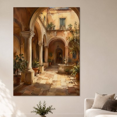 Mediterraner Innenhof als Wandbild oder Kunstdruck mit warmem Licht