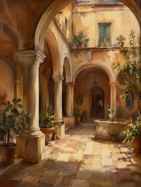 Mediterraner Innenhof als Wandbild oder Kunstdruck mit warmem Licht