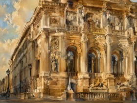 Barocke Architektur als Wandbild oder Kunstdruck mit goldenem Licht