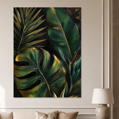 Exotische Blattkomposition als Leinwand oder Poster mit goldenen Akzenten