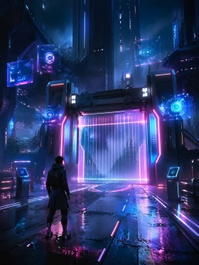 Neonstadt im Regen, Futuristische Kunst oder Modernes Wandbild