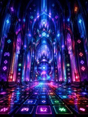 Neonprächtige Fantasy-Architektur als Wandbild oder Acrylbild